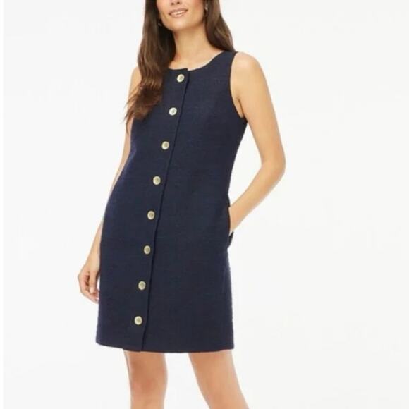 NWT J.Crew Factory Sleeveless Tweed Gold Button Shift Dress Navy Blue Size 0 - Picture 1 of 8